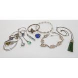 A silver John Hart thistle bracelet, a New Zealand jade pendant and other items of silver and