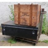 A 20th century steel freight trolley, metal travel trunk and a wooden freight crate (3) Condition