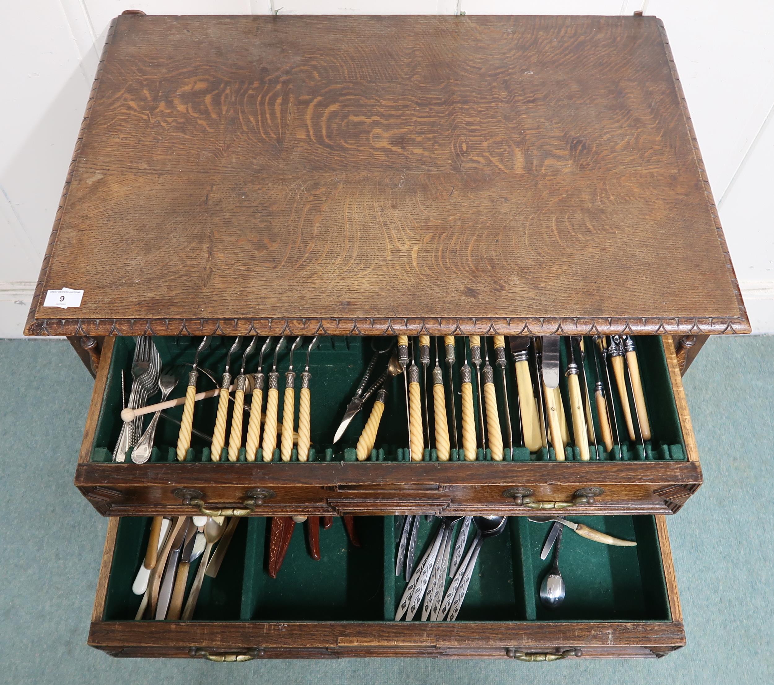 A 20th century oak two drawer canteen on stretchered barley twist supports, canteen contents - Image 2 of 2