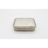 A George III silver snuff box, of rectangular form with moulded floral borders, the body engine