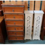 A modern pine and steel six drawer chest and two modern white painted cabinets (3) Condition