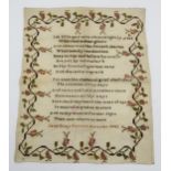 An early Victorian Sampler "In life's gay morn when sprightly youth with vital ardour glows..." Jane