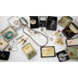 A collection of vintage costume jewellery to include masonic cufflinks, a bowling tie clip, a