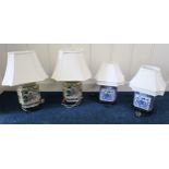 A pair of two contemporary Oriental style ceramic table lamps and a further pair of blue and white