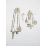 A Victorian silver chatelaine, comprising an aide memoire (af), clip, thimble, cross, pencil holder,
