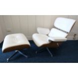 A contemporary after Ray and Charles Eames for Herman Miller lounge chair and footstool with white