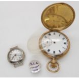 A gold plated pocket watch diameter 4.9cm, a silver badge, and a white metal decorative wrist