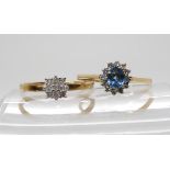 A 9ct gold aquamarine and diamond cluster ring, size P1/2, and a 9ct gold diamond cluster ring set