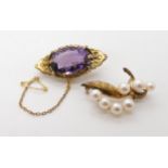 A 9ct gold amethyst brooch, weight 11.3gms, together with a gold plated silver pearl brooch