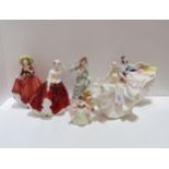 Six Royal Doulton figures including Sara, Sweet Sixteen, a single red rose, Loyal Friend, Gail and