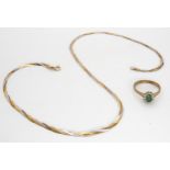 A 9ct gold three colour gold necklace, length 41cm, together with a 9ct gold emerald and diamond