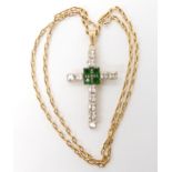 A 9ct gem set cross, length with bail 5.2cm, 9ct chain length 44cm, weight 7.6gms Condition Report: