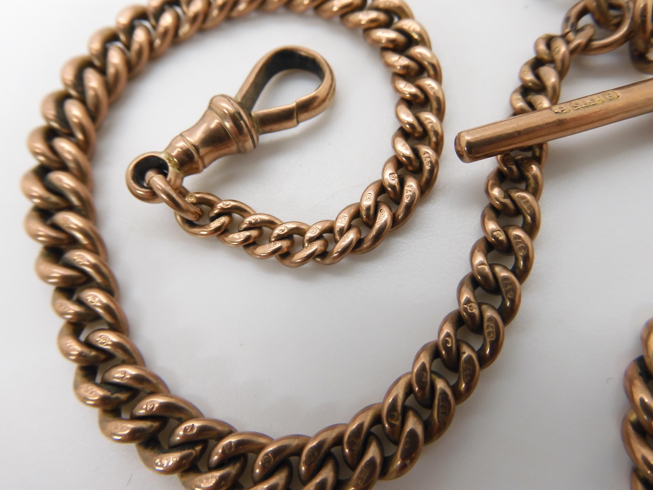 A 9ct gold tapered double fob chain, hallmarked to every link, clasps and 'T'bar, with attached - Image 2 of 4