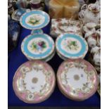 A hand painted dessert set with turquoise border and a Copeland pink rimmed example Condition