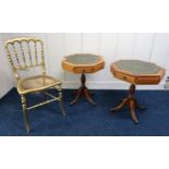 A modern teak framed glazed coffee table, two reproduction drum top occasional tables, two dining