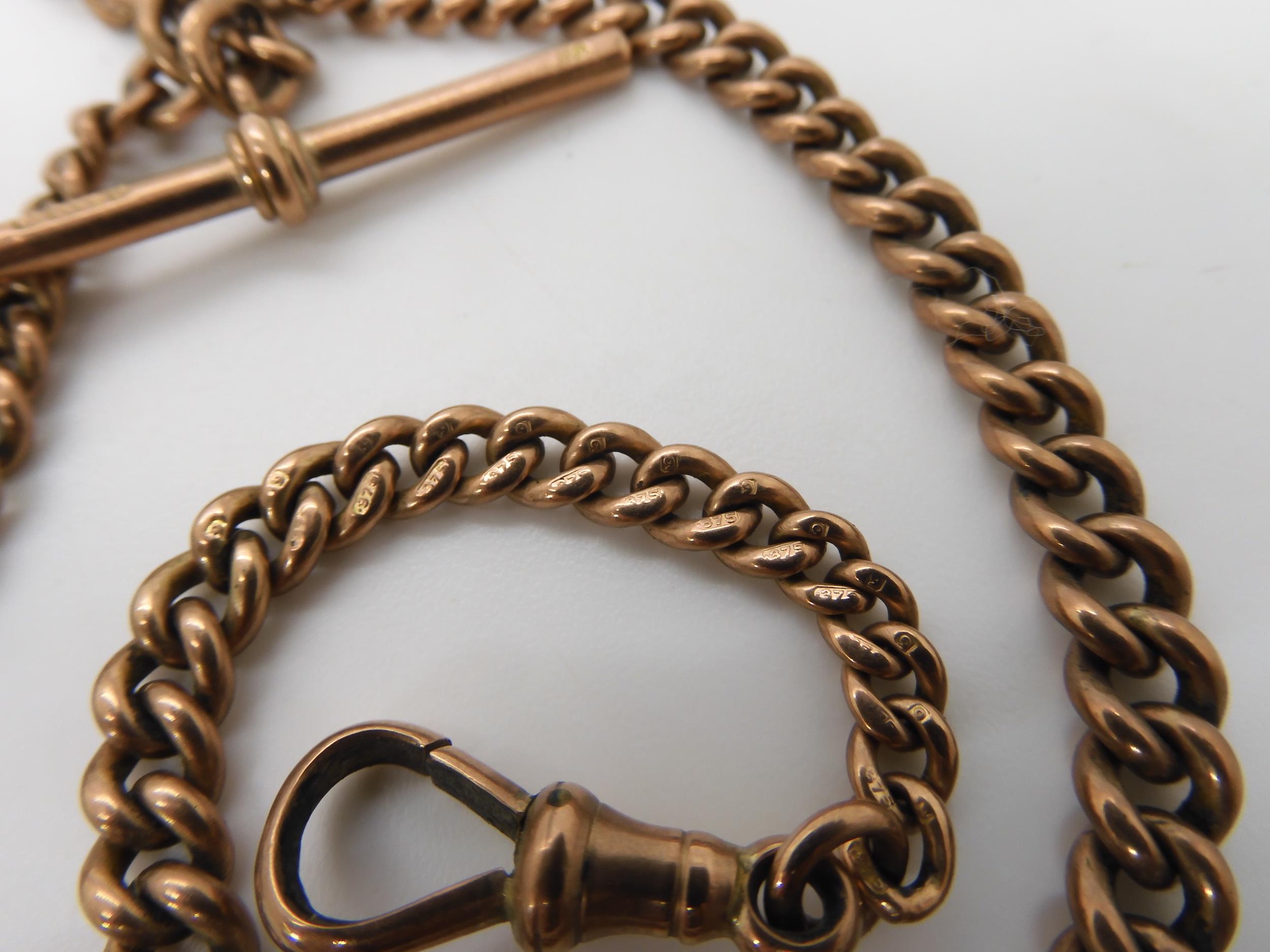 A 9ct gold tapered double fob chain, hallmarked to every link, clasps and 'T'bar, with attached - Image 3 of 4