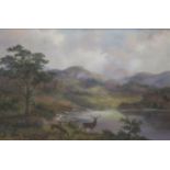 PRUDENCE TURNER Stag and hinds at a lochside, signed, oil on canvas, 60 x 90cm  Condition Report: