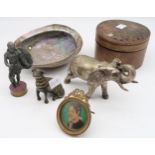 A tray lot comprising animal figurines, cigarette box, various miniature daguerreotypes etc