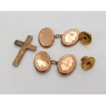 A pair of 9ct gold cufflinks made by G.H Johnson, two 9ct shirt studs and a 9ct cross (af no loop or