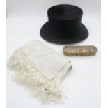 A Top Hat 6 1/2" by 7 3/4" by Carswell Glasgow with a leather case, a silvered thread scarf and a