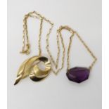 A 9ct chain with a purple glass pendant, and a 9ct brooch, weight together 8.5gms Condition Report: