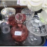 A cranberry glass decanter, three glasses, a biscuit barrel etc Condition Report:Not available for