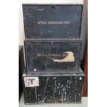A lot of three black painted metal deed boxes and a mahogany glazed bookcase top (4) Condition
