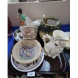 A selection of Scottish pottery including a wally dug jug, a splatterware biscuit jar (no lid),