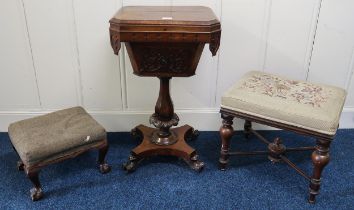 A Victorian rosewood sewing work table on quatrefoil base, a gilt framed portrait of a gentleman and