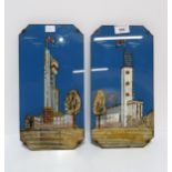 Two framed painted glass plaques depicting the Empire Exhibition building, with gilt and silver foil