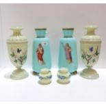 A pair of Victorian glass vases, each with enamel decoration of a maiden, a pair of butterfly