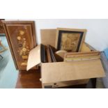 A large oil of a steam train, a lot of assorted framed prints, marquetry panels etc Condition