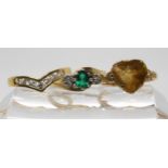 A 9ct citrine heart ring size L1/2, A 9ct cz set ring size P1/2, and a 9ct green gem and illusion