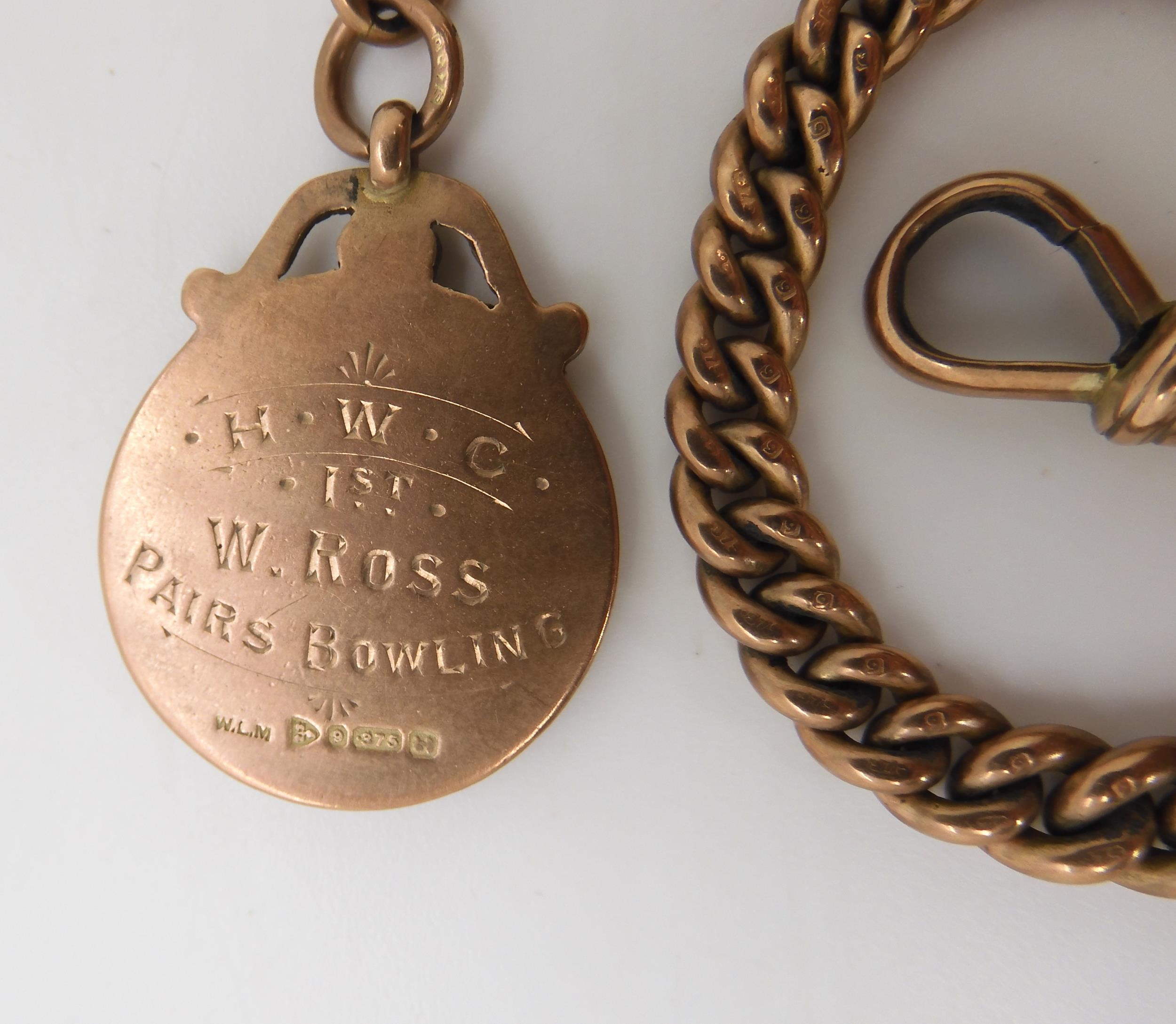A 9ct gold tapered double fob chain, hallmarked to every link, clasps and 'T'bar, with attached - Image 4 of 4
