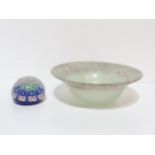 A Monart mottled green and purple glass bowl, with flared rim, with silver aventurine speckles,