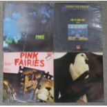 A box of prog rock, pop and rock vinyl LP records with The Pink Fairies, Led Zeppelin, The Who, Pink