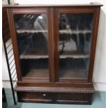 An early 20th century mahogany two door glazed bookcase and a box of framed prints Condition