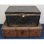 A 19th century leather and metal bound travel trunk with engraved plaque "Miss A, Clapperton
