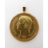 A French Napoleon 40 Francs coin dated 1812, in a yellow metal pendant mount, weight together 15.
