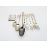 A collection of silver cutlery including four George III fiddle pattern forks by William Eaton,