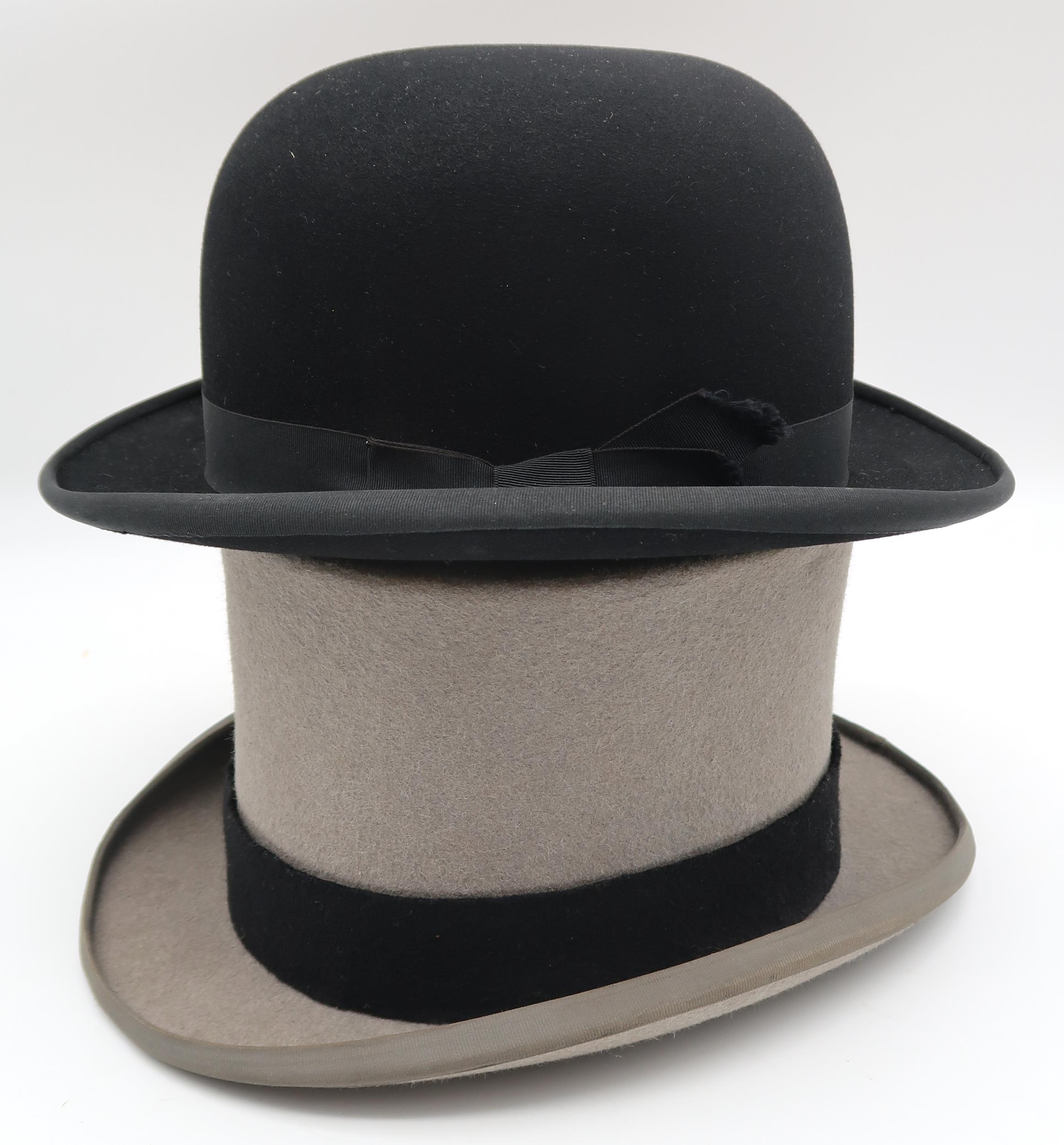 GREY TOP HAT Dormie, 6 7/8 size, Bates black bowler hat, 6 5/8 size and two pairs of Grenson tan