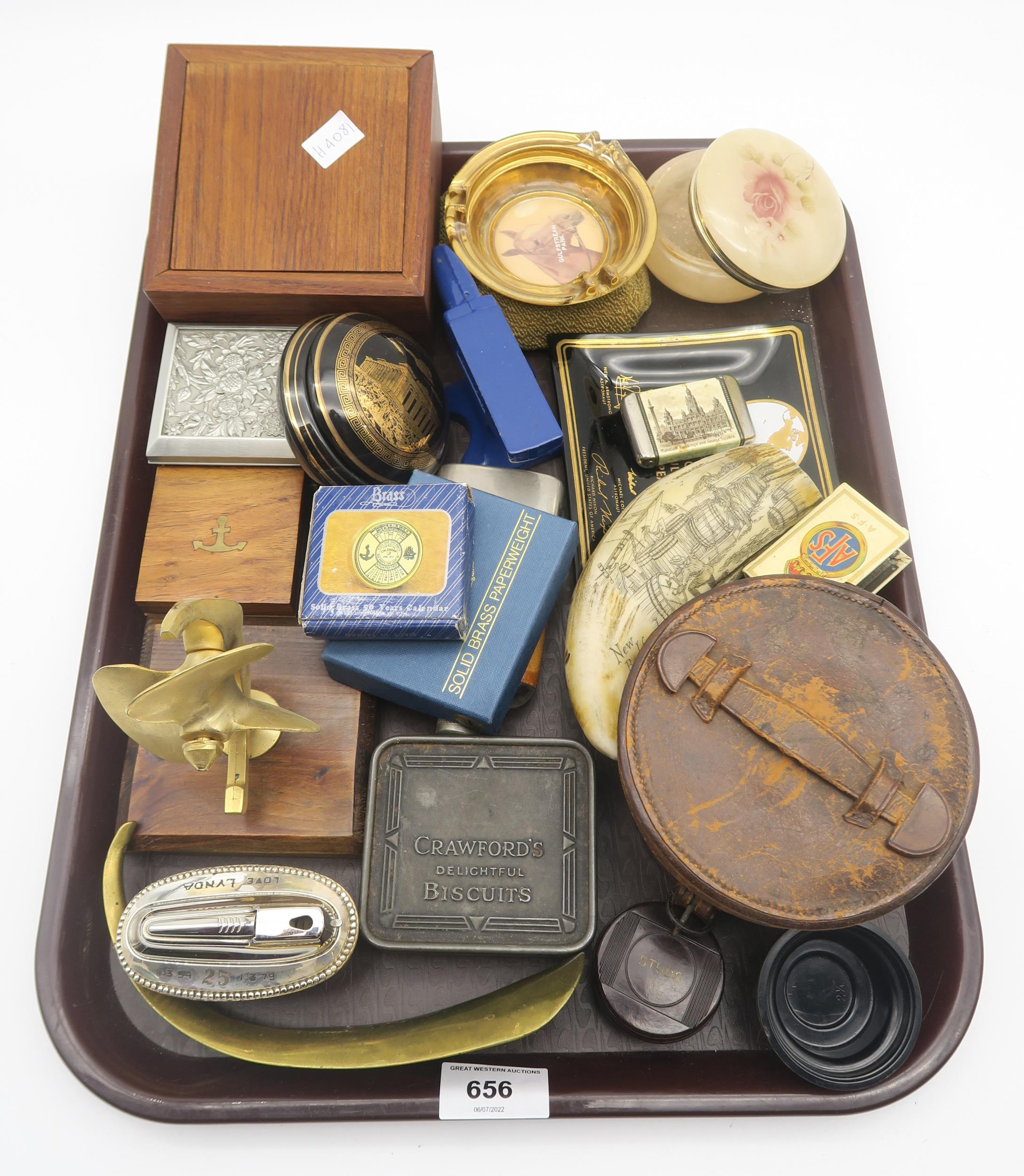 A tray lot to include a Whylie Hill & Co Glasgow vesta box, Auxiliary Fire Service matchbox