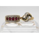 A 9ct gold ruby and diamond ring set with estimated approx 0.15cts of eight cut diamonds, finger