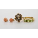 A 9ct gold smoky quartz ring, size L1/2, and a pair of 9ct gold coral flower earrings, weight