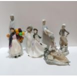 A Royal Doulton figure Biddy Pennyfarthing, Coalport a Winter Stroll, and five Lladro figures
