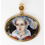 A 14K GOLD AND ENAMEL PENDANT the enamel plaque is in the Limoges style, a portrait of a Elizabethan