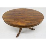 A VICTORIAN ROSEWOOD OVAL TILT TOP BREAKFAST TABLE on a pedestal tripod base with carved scroll