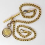 A 22CT GOLD CURB LINK FOB CHAIN hung with a gold plated Scottish, Alexander III Silver Penny in a