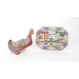 A CHINESE EXPORT MODEL OF A DUCK painted with coloured plumage, impressed seal mark, 20cm high and