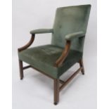 A GEORGIAN MAHOGANY FRAMED OPEN ARMCHAIR with green upholstery on stretchered square supports, 105cm